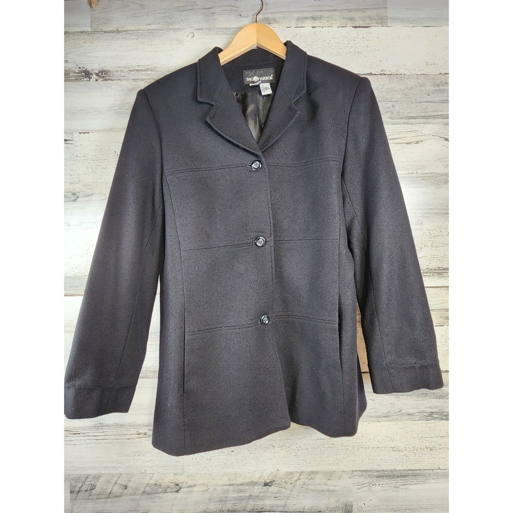 Sag Harbor Wool Coat Women Size 10 Black Pure New Wool Button Front Blazer Good - Picture 1 of 11